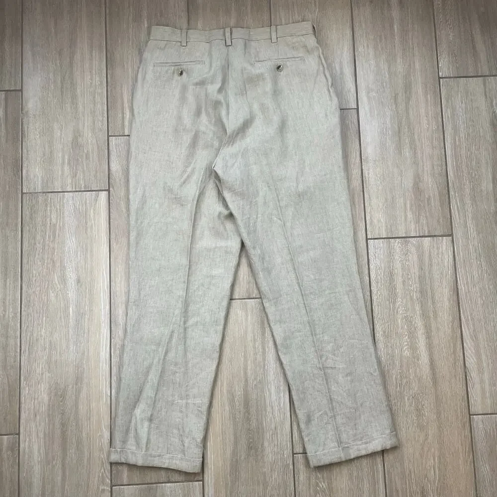 Jos A Bank Linen Pants Mens 36x32 Beige Pleated Cuffed Dress Trousers 100 Linen